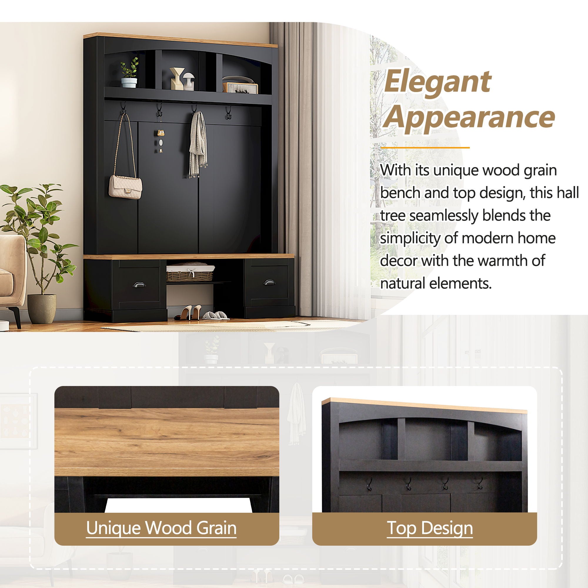 Farmhouse 4 In 1 Hall Tree With Wood Grain Bench And Top