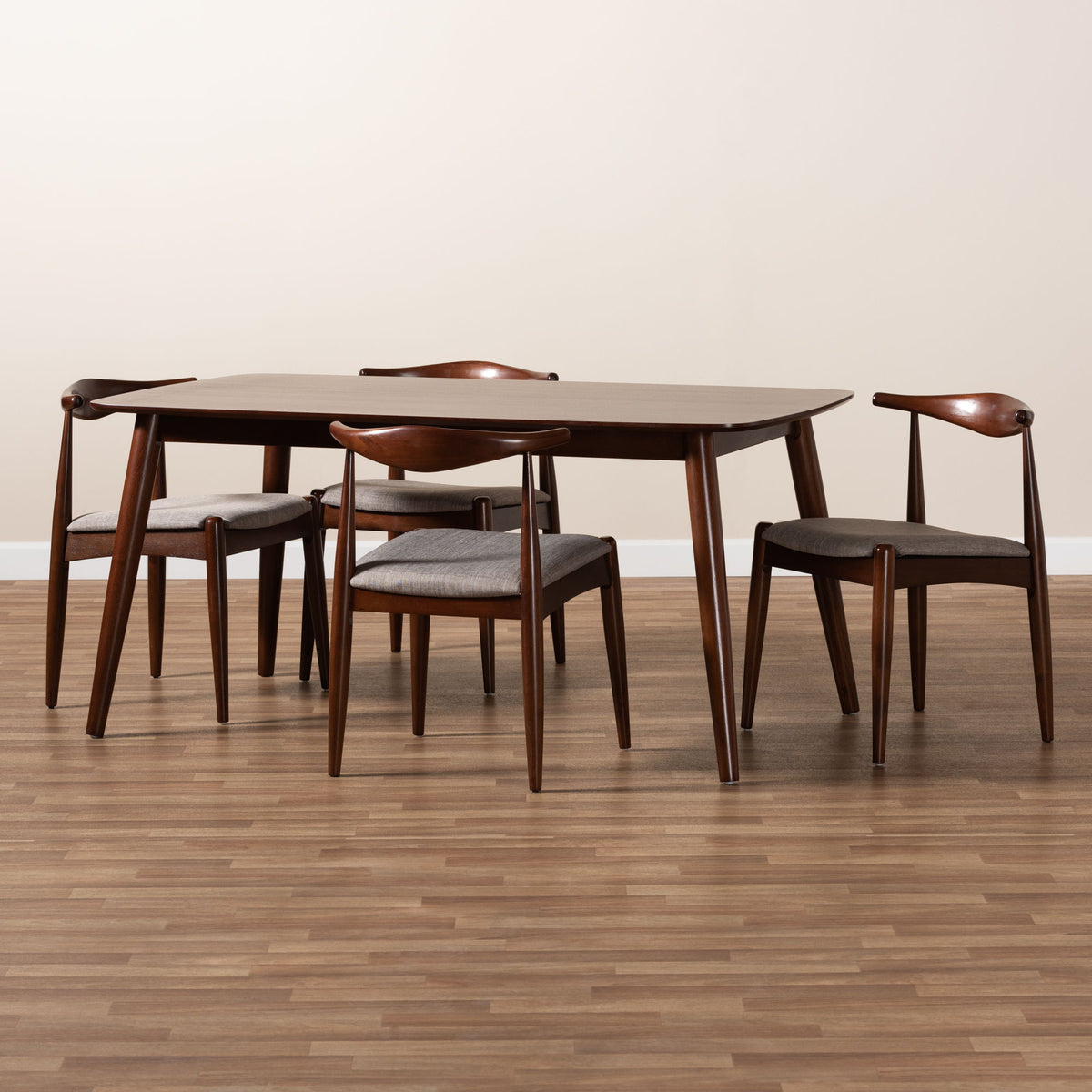 Amato Mid-Century Modern Light Gray Fabric Upholstered Walnut Finished Wood 5-Piece Dining Set