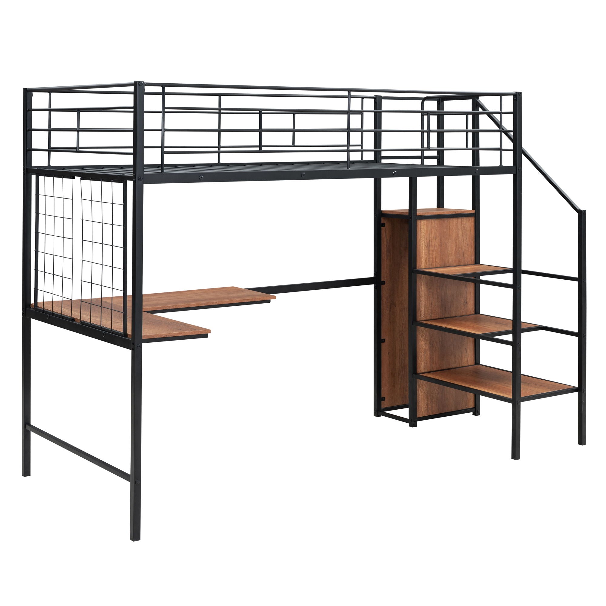 Loft Bed With Desk And Grid, Stylish Frame With Lateral Storage Ladder And Wardrobe