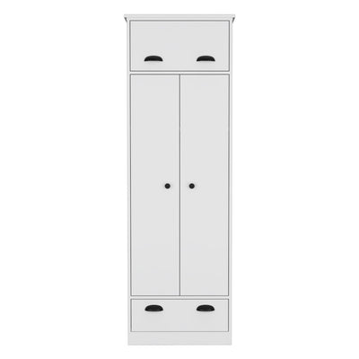 Dresser Closet With Upper Storage Covered With 1 Door, 2 Central Shelves, 1 Tube For Hanging Clothes Covered By 2 Doors, 1 Drawer At The Bottom - White