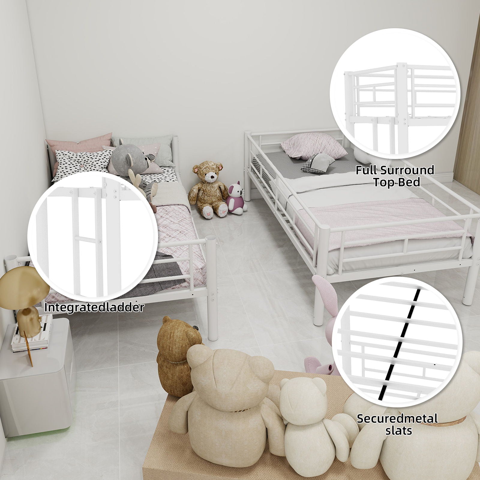 Metal Bunk Bed For Kids, Convertible Bedframe With Ladders & Guardrail