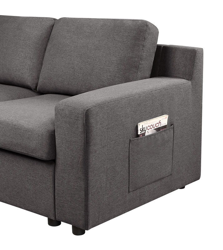 Waylon 93"W Gray Linen 6-Seater L-Shape Sectional Sofa with Storage Ottoman and Pockets