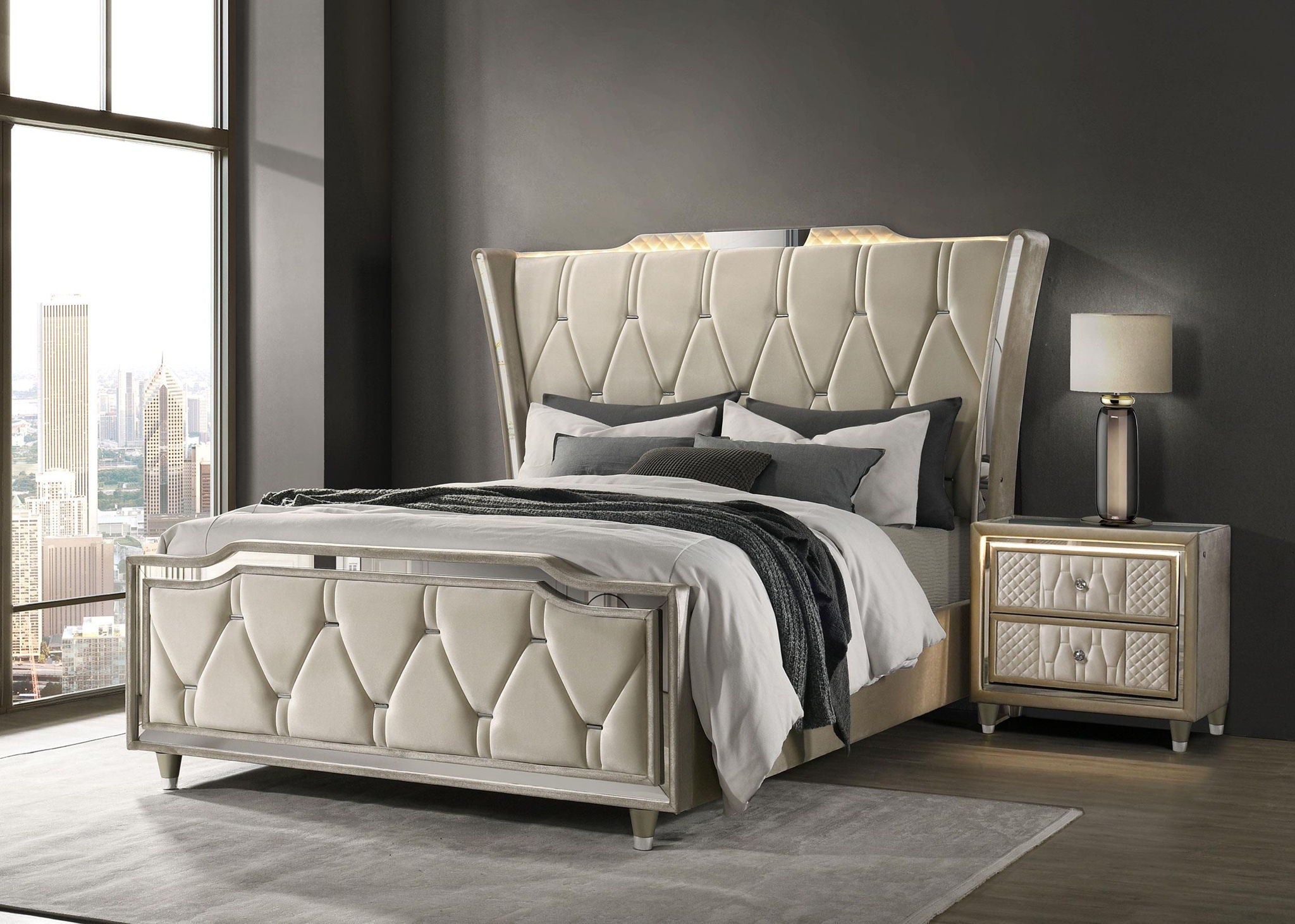Lorient Queen LED Upholstered Wingback Bed Ivory and Camel