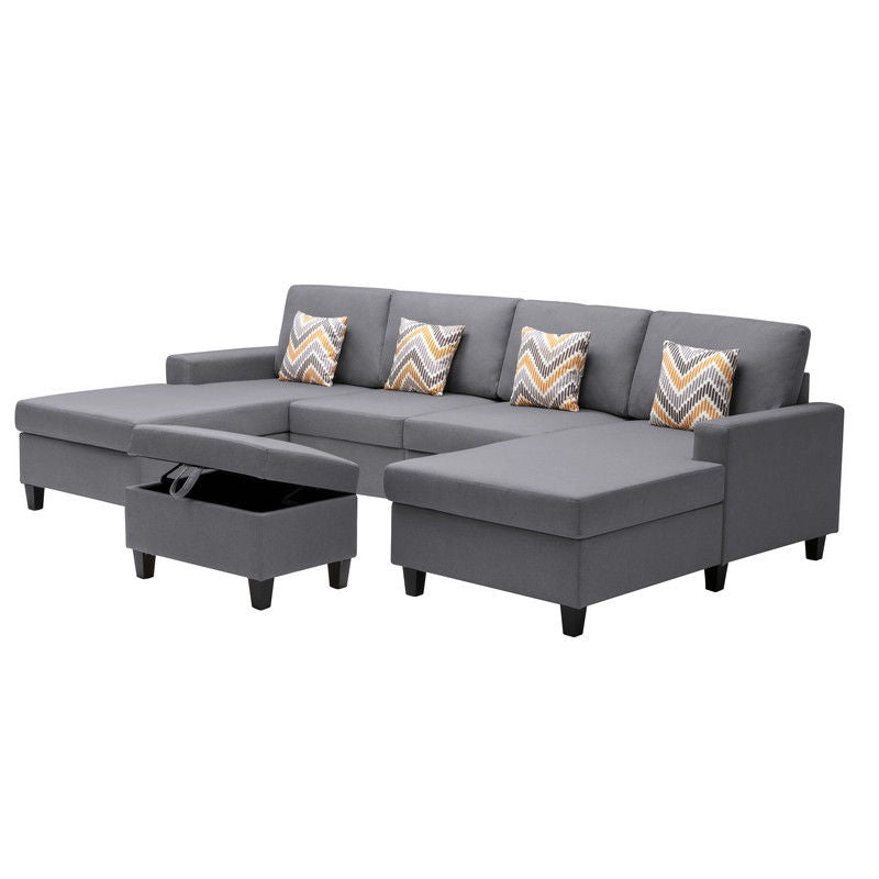 Nolan 124"W Gray Linen Fabric 5Pc Double Chaise Sectional Sofa with Interchangeable Legs, Storage Ottoman, and Pillows