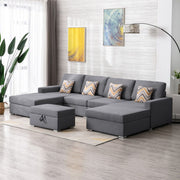 Nolan 124"W Gray Linen Fabric 5Pc Double Chaise Sectional Sofa with Interchangeable Legs, Storage Ottoman, and Pillows