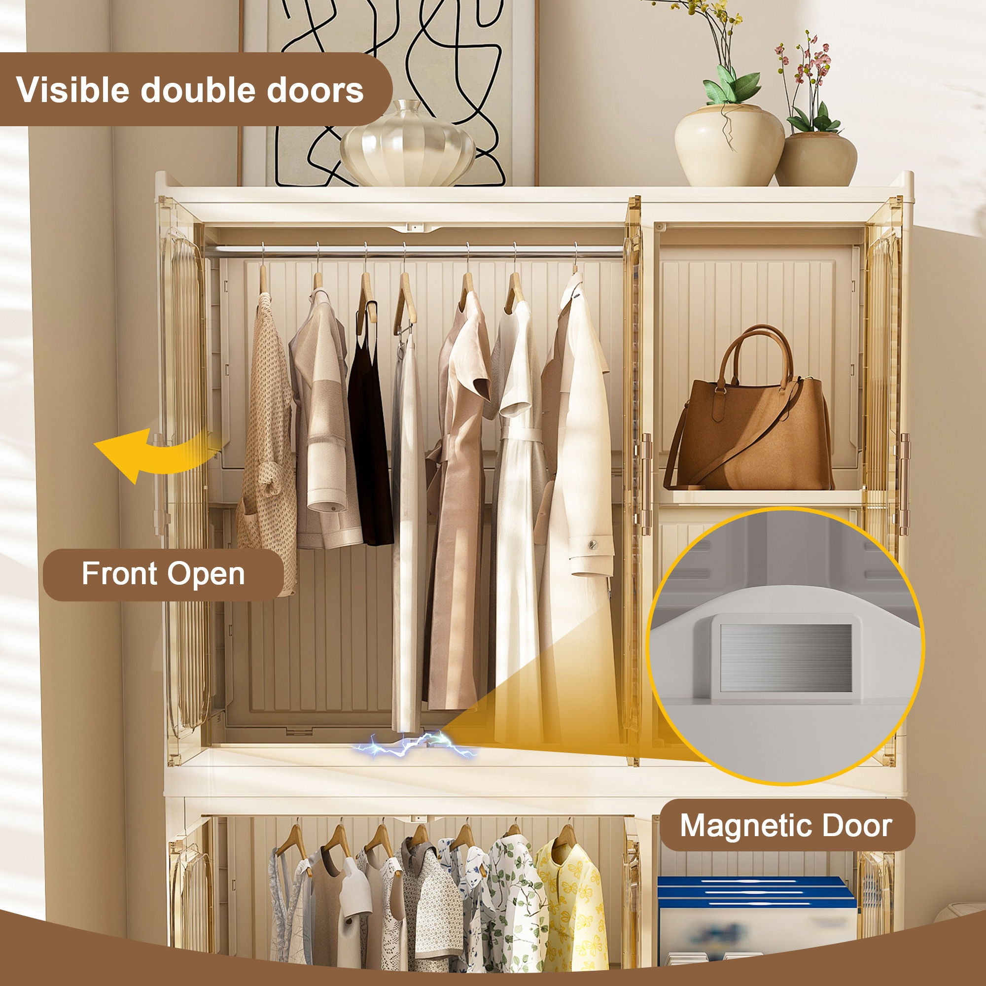 Portable Wardrobe Closet Storage Organizer For Clothes, 6 Magnetic Doors With 6 Cubes & 2 Hanging Rods, 6 Hangers - Cream White