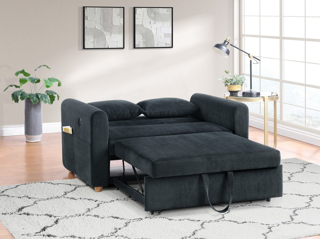 Marielle 55"W Black Corduroy Convertible Sleeper Loveseat with USB Ports, Magazine Pockets, and Pillows
