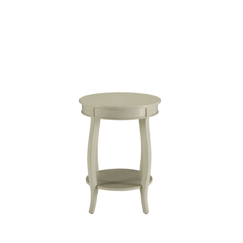 ACME This Alberta side table will be your favorite accent piece with its round top form and stylized legs. Offered in four different colors: Antique White, walnut, red, and teal. One is sure to fit perfect with your style. | Meri Furniture