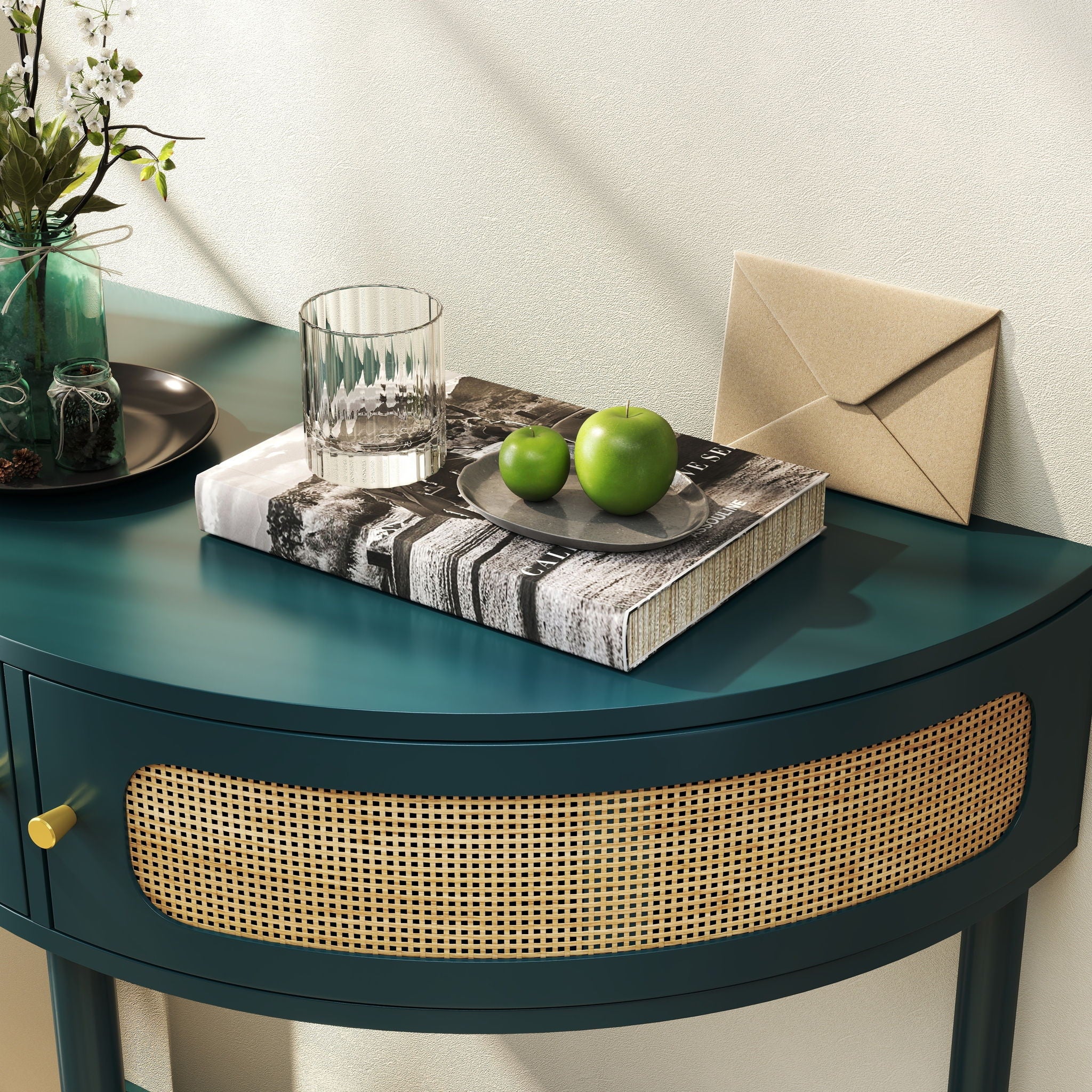 Boho Rattan Semi Circle End Table With Sliding Rattan Door, Storage And Bottom Shelf