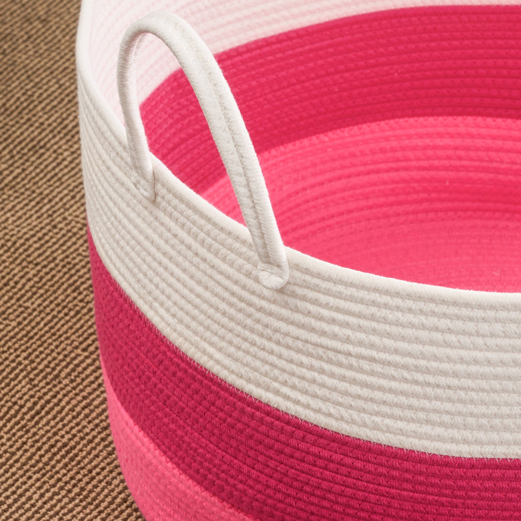 Cotton Round Laundry And Storage Basket With Handles - Pink / White