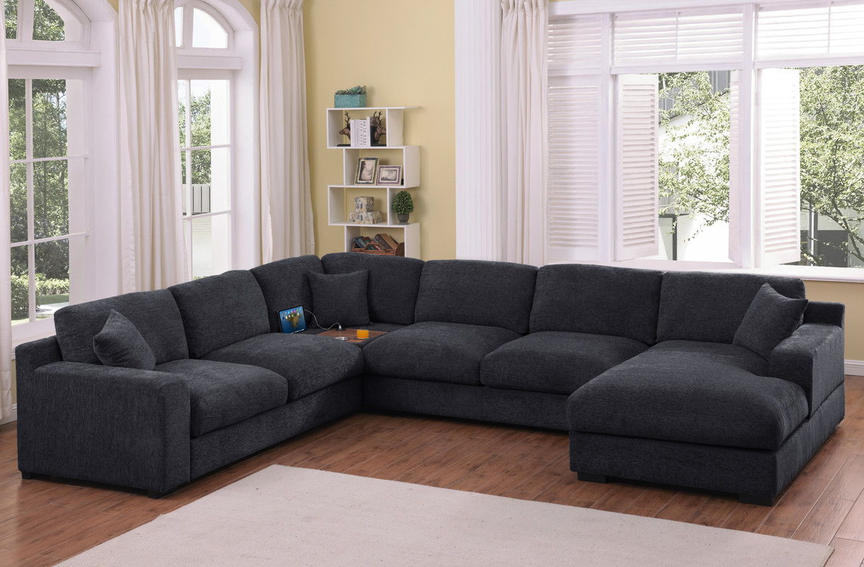 Celine 128"W Charcoal Chenille Fabric Corner Sectional Sofa with Right-Facing Chaise, Cupholders, and Charging Ports