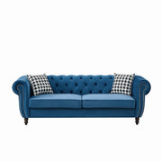 Mid Century Chesterfield Velvet Fabric Sofa With Roll Armrest & Nailhead, Blue, 87 Inches