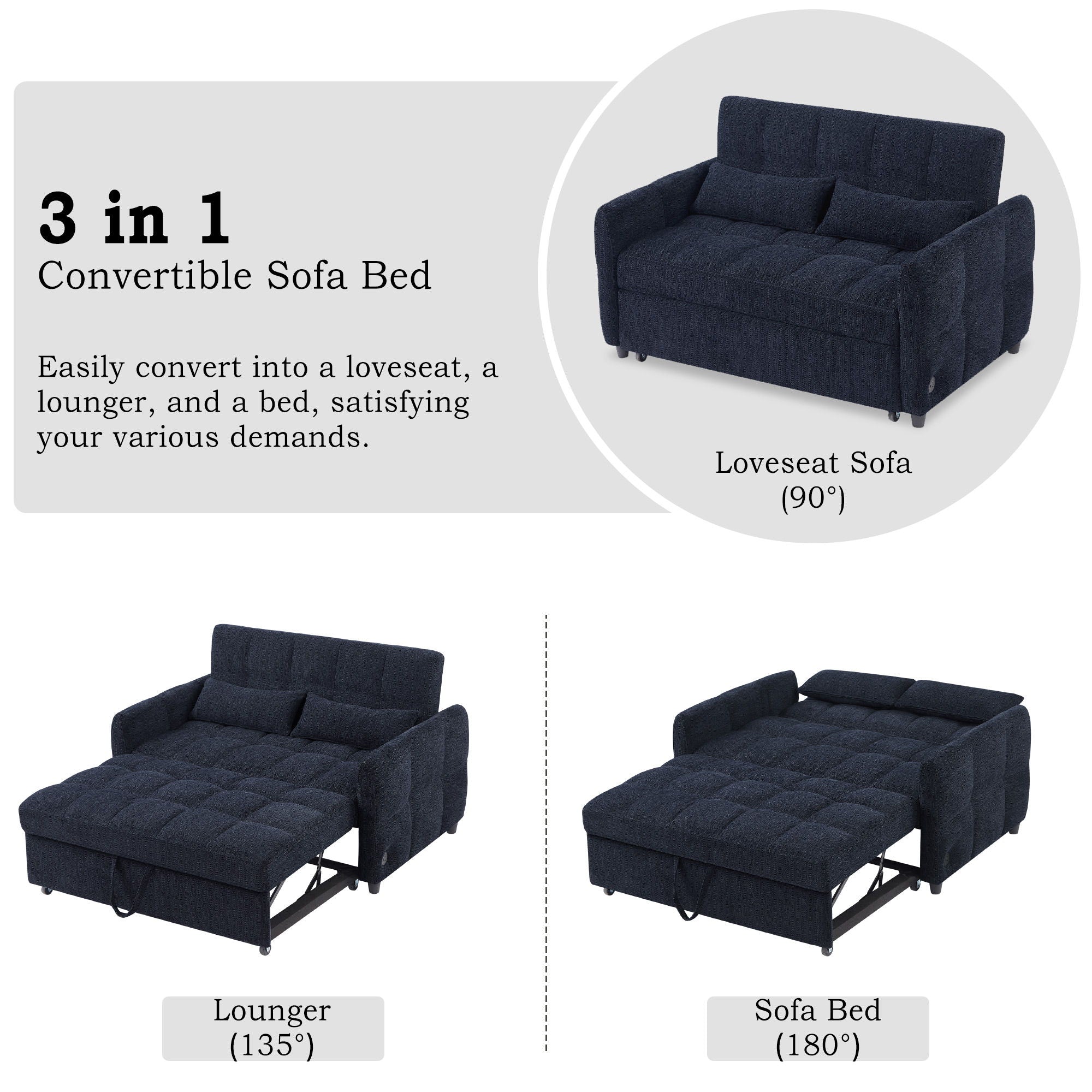 Loveseat Sofa Pull-Out Bed With Adjustable Backrest, 3 USB Ports And 2 Lumbar Pillows For Living Room