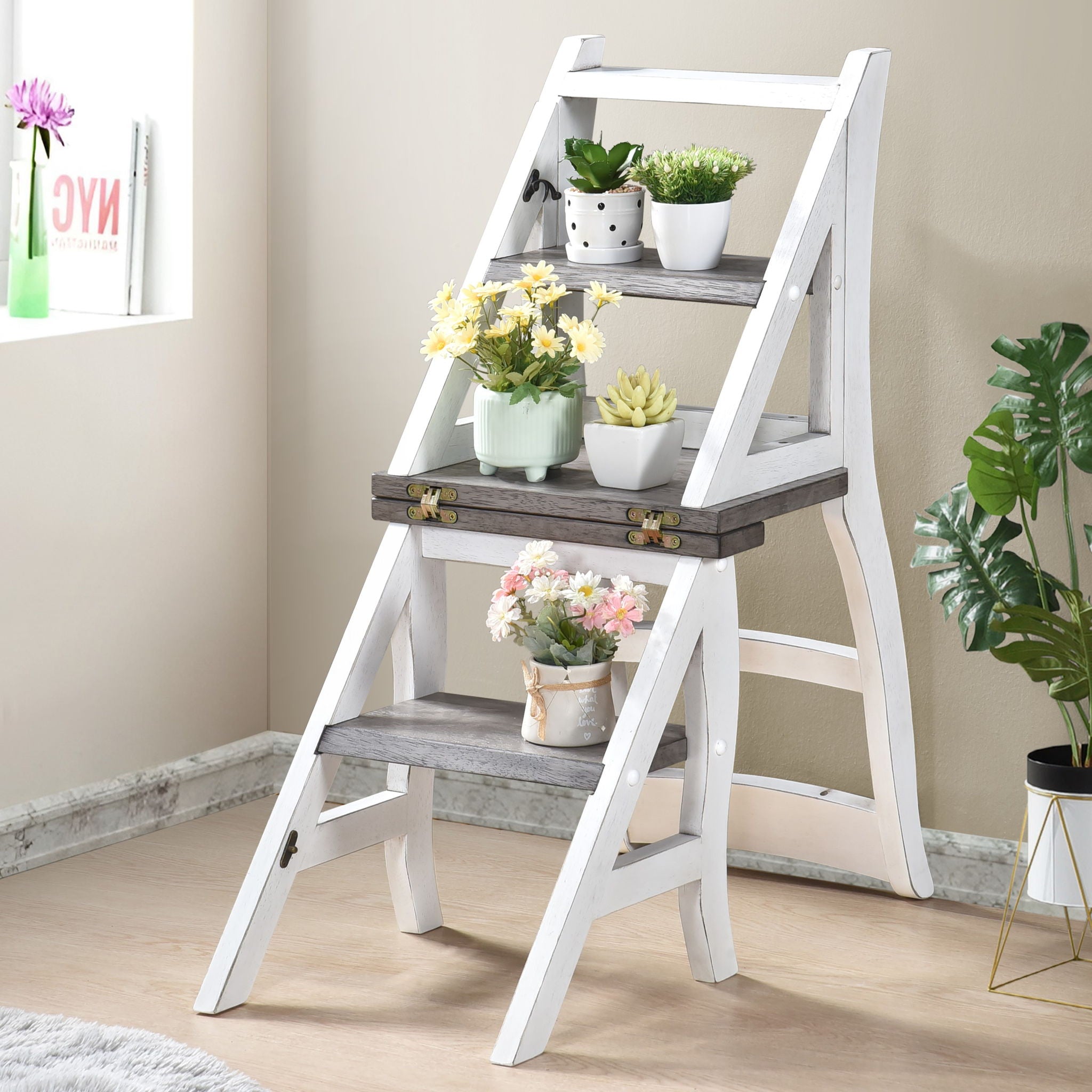 Solid Wood Foldable Ladderchair Dual Purpose Stepladders Step Display Stand Flower Stand Forhome, Library, Kitchen - Antique White / Sandstone
