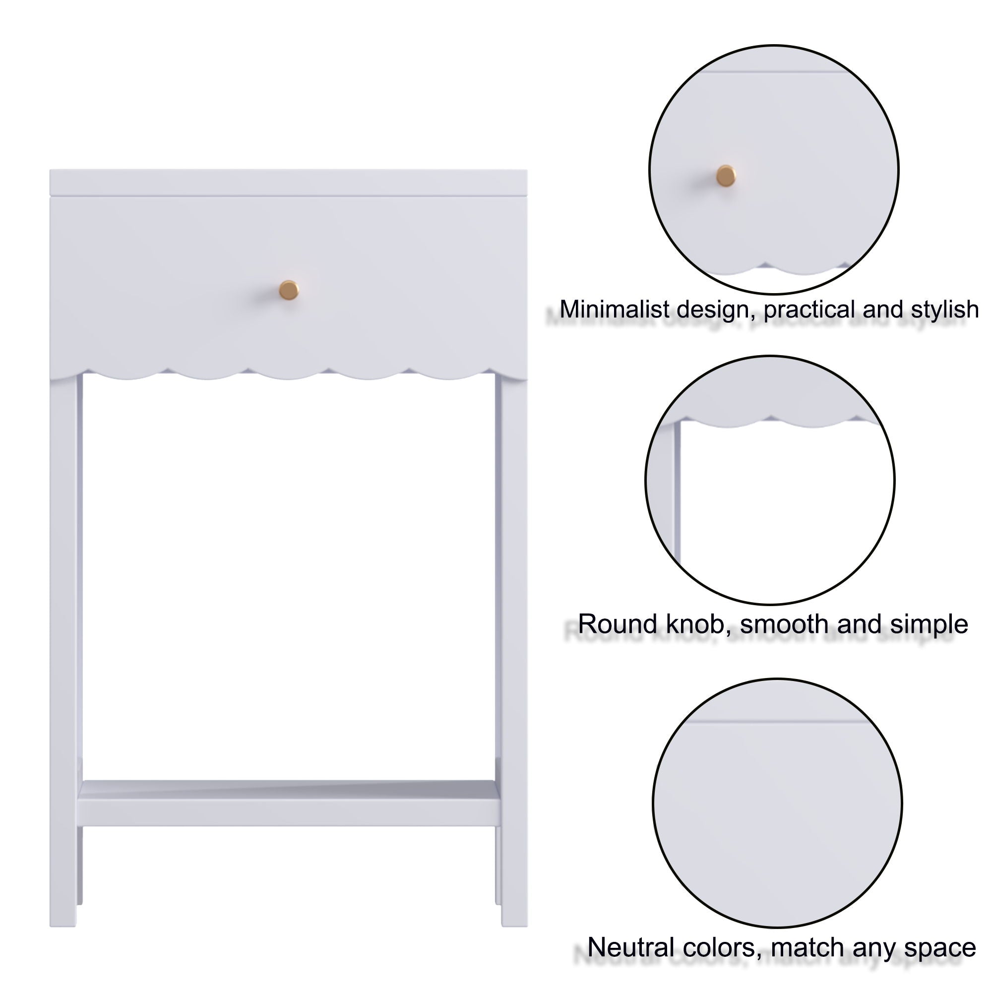 Nightstand With Drawer And Open Shelf, Scalloped Edge Bedside Table