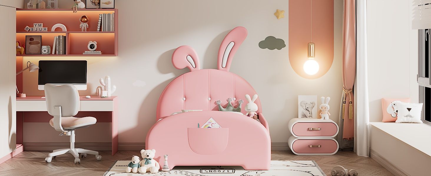 Upholstered Rabbit-Shape Princess Bed With Headboard And Footboard