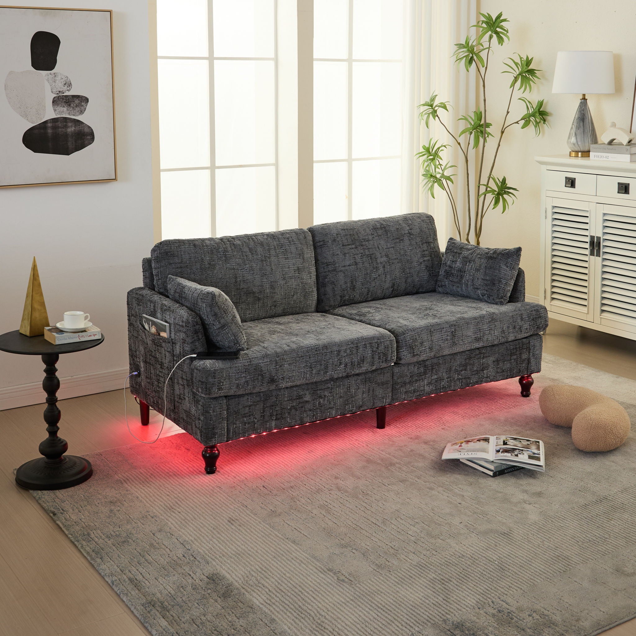 Chenille 2 Seater Sofa With LED Light, USB Charging Port, And Storage Bag