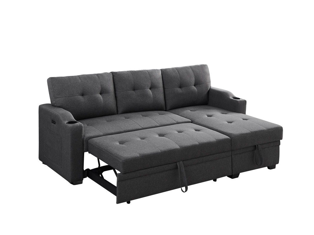 Mabel 83"W Dark Gray Linen Fabric Sleeper Sectional with cupholder, USB charging port and pocket