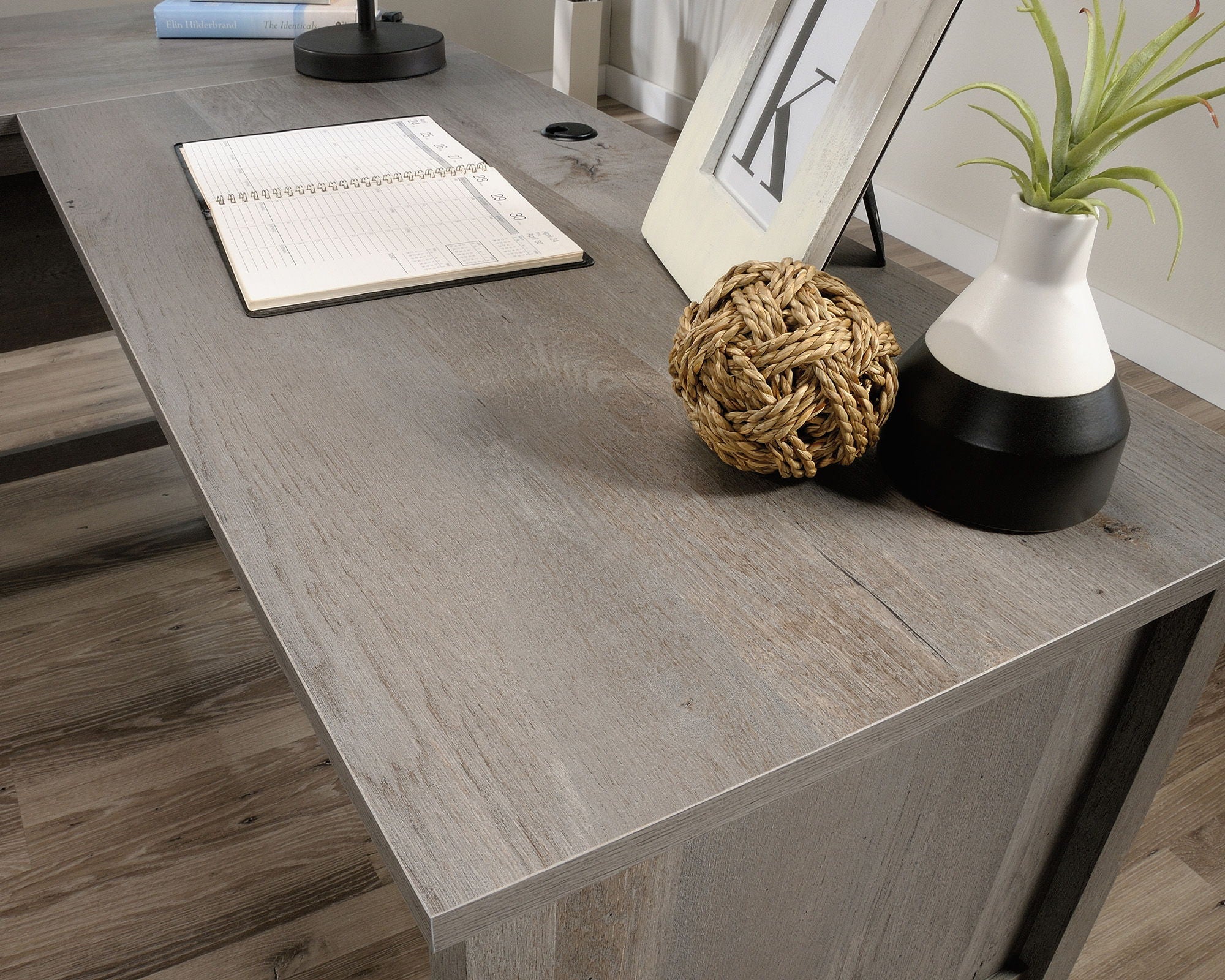 Wood L-Shaped Desk in Mystic Oak Finish