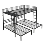 Modern Metal Triple Bunk Bed With Vertical Ladder, Safety Rail, And Storage Shelf - Black