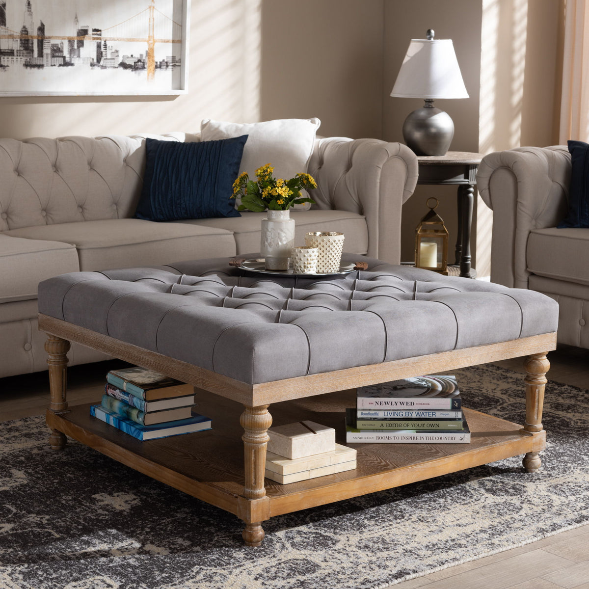 Kelly Modern and Rustic Grey Linen Fabric Upholstered and Greywashed Wood Cocktail Ottoman