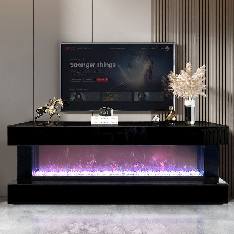 Vistura 71"W Black Finish TV Stand with Fireplace and Bluetooth Speaker