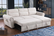 Hugo 97"W Beige Chenille Reversible Sleeper Sectional Sofa Chaise with USB Charger, Phone/Magazine Pockets