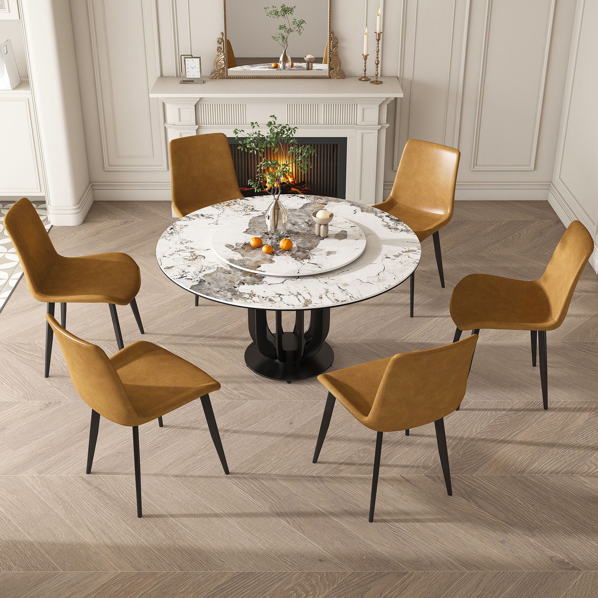 Round Dining Table With Carbon Steel Base And Lazy Susan Industrial Style - Black / White