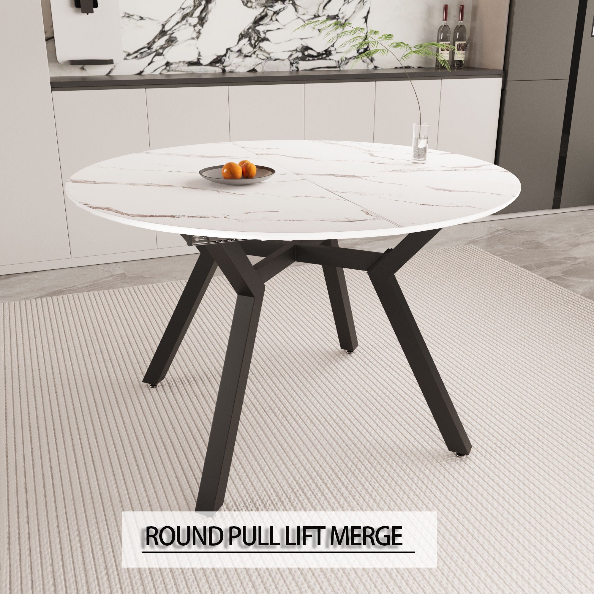 Modern Extendable White Circular Dining Table with MDF Top and Metal Legs for 4-6 Persons