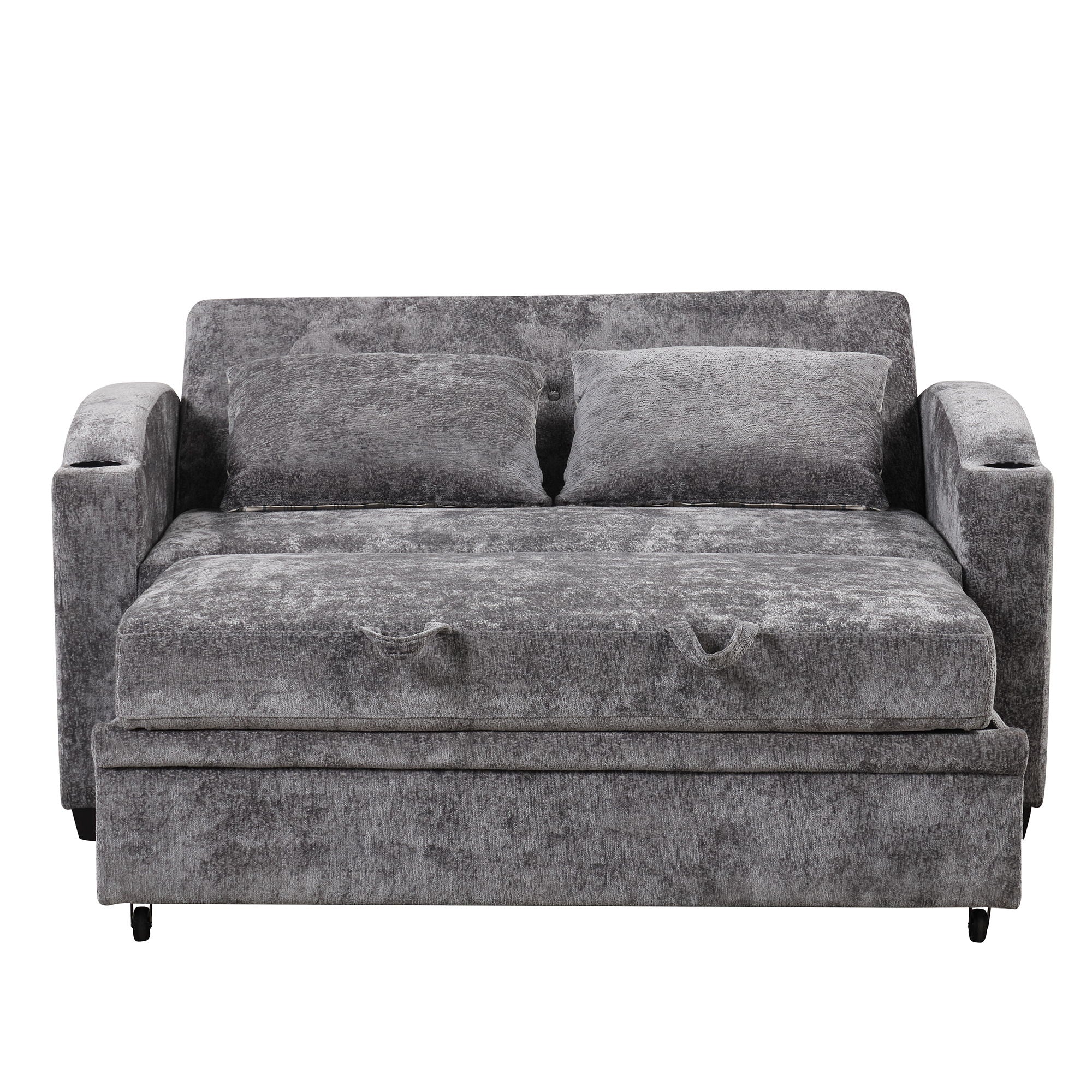 Pull Out Loveseat Sofa With Adjsutable Backrest, 2 Pillows, Cup Holders, USB Ports For Living Room