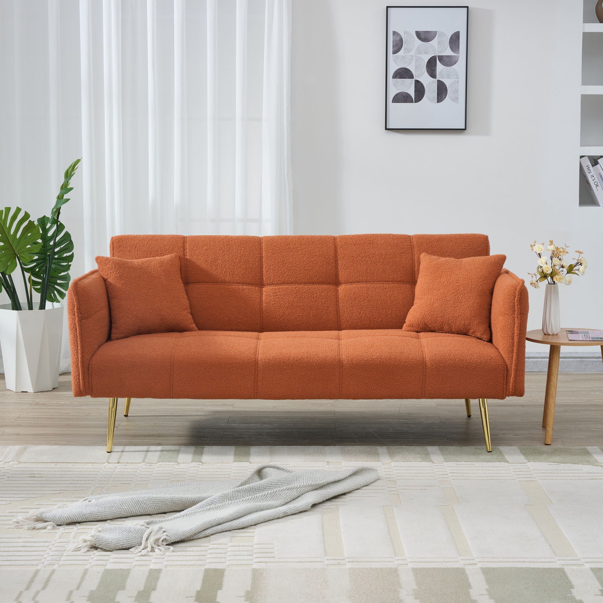 Convertible Double Futon Sofa Bed With Folding Armrests For Living Rooms