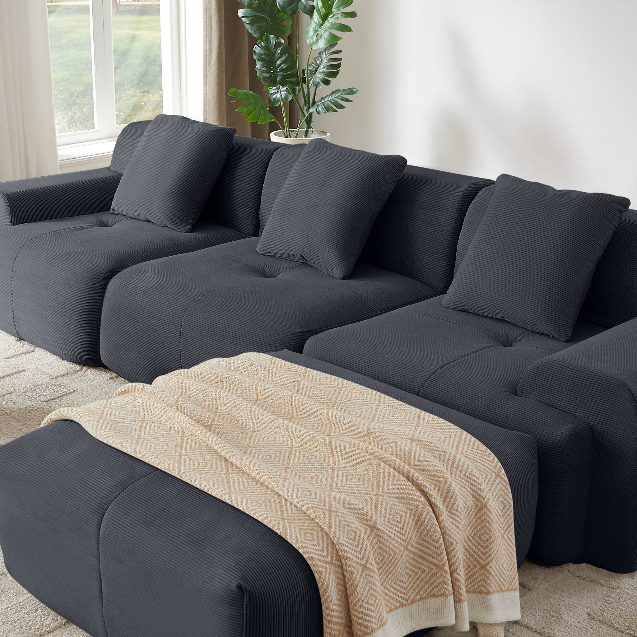 L Shaped Modular Sectional Sofa Corduroy And Movable Ottoman