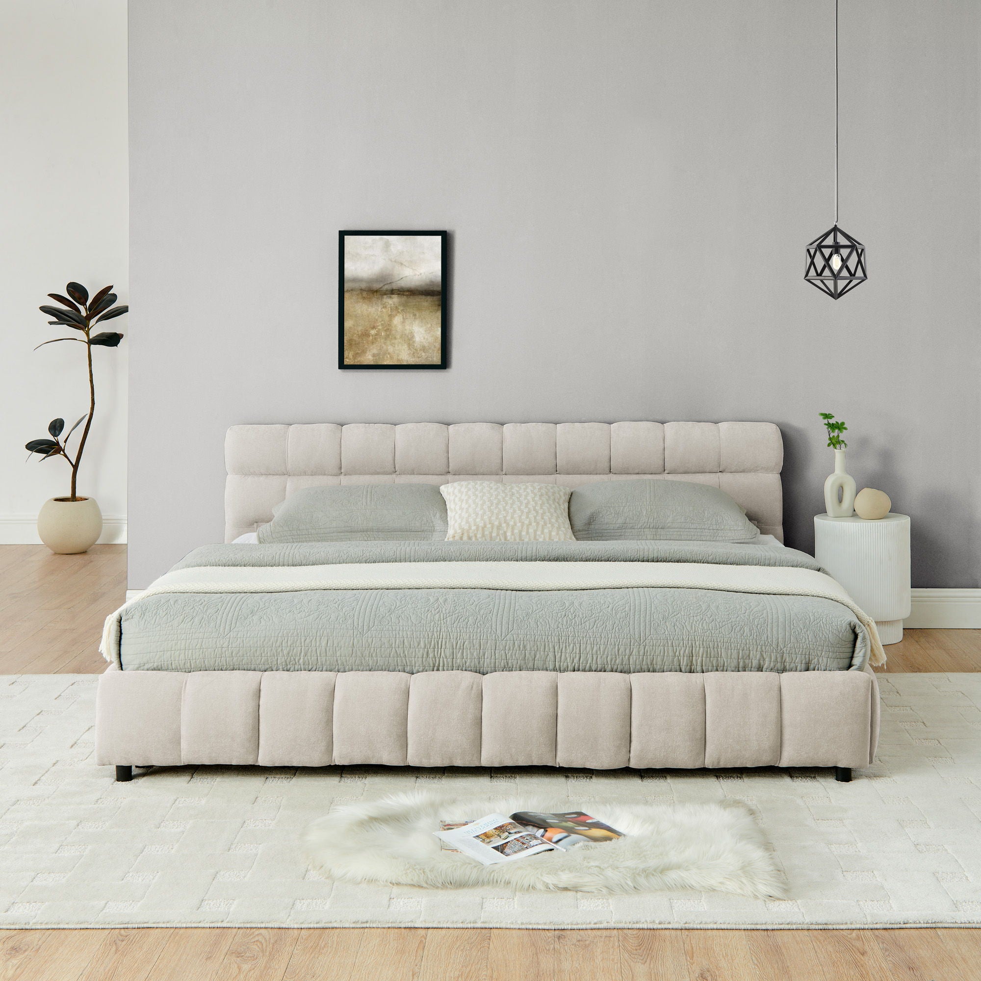 Modern Platform Bed Frame With Thick Chenille Fabric