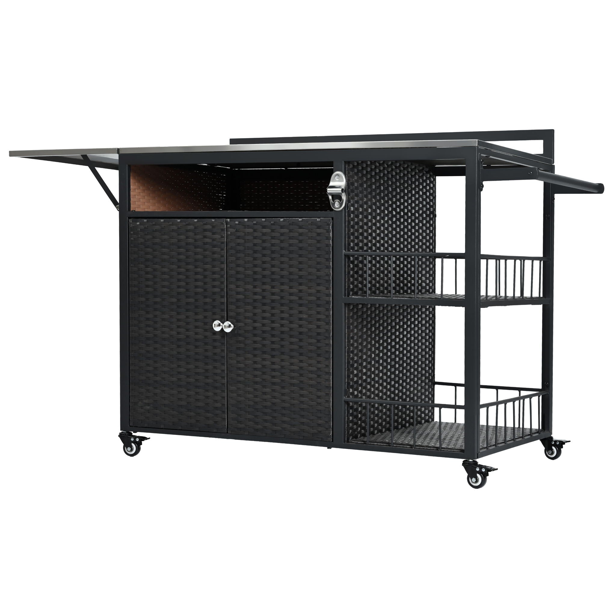Outdoor Kitchen Island With Storage, Cooking Station, Grill Cart, Foldable Tabletop, And Bottle Opener - Dark Brown
