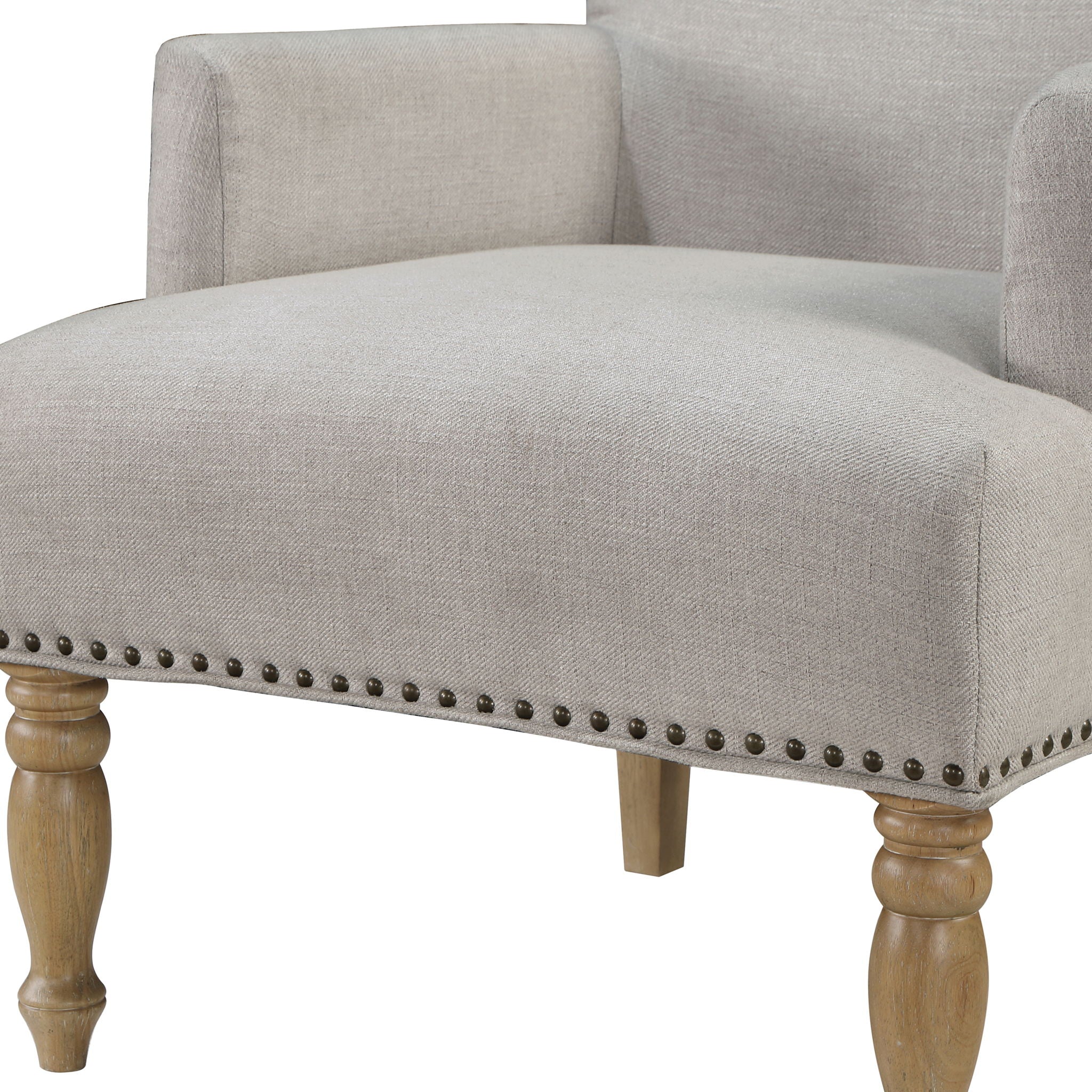 Alice - Upholstered Arm Chair With Pecan Legs And Antique Brass Nailheads - Beige