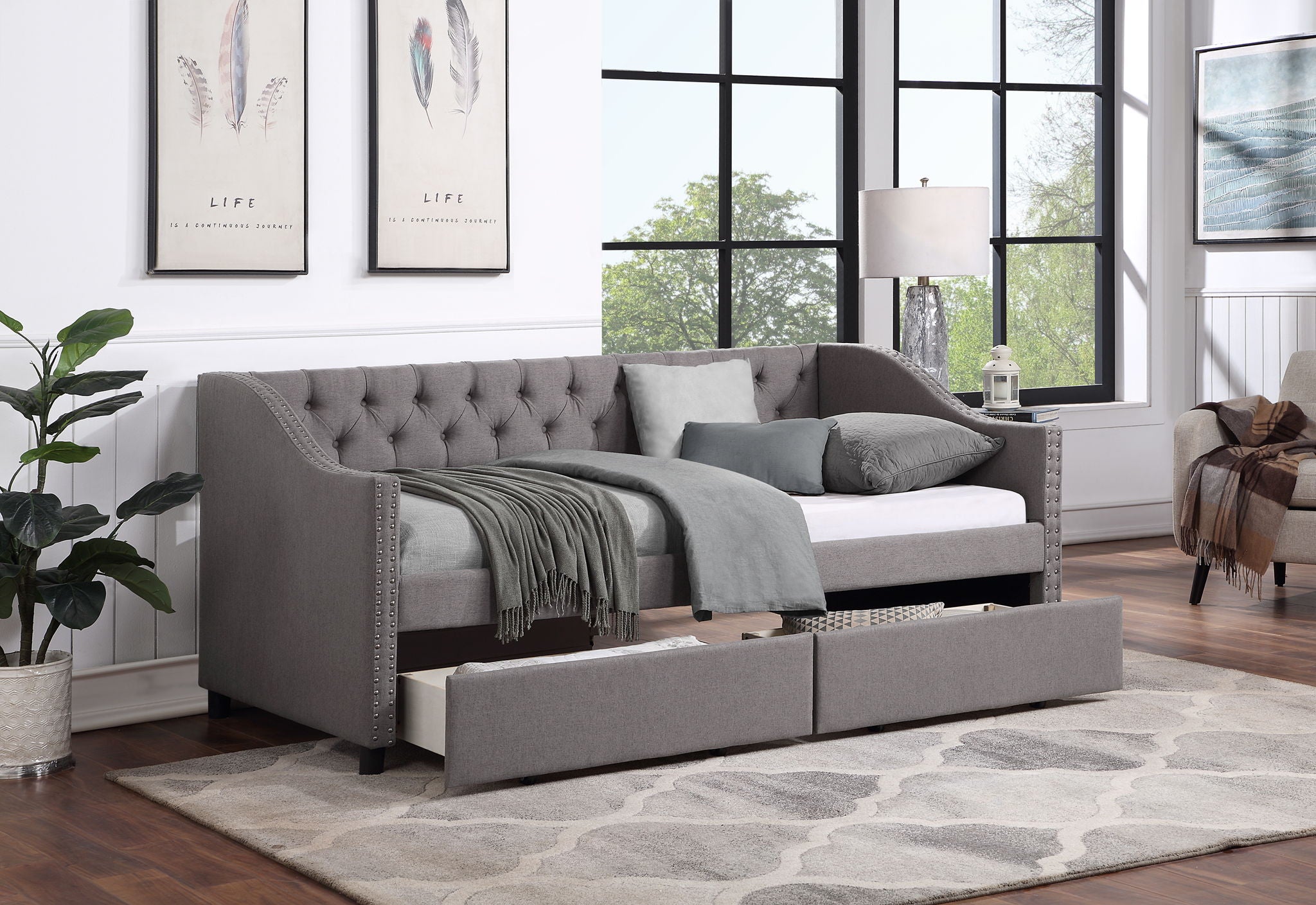 Twin Size Upholstered Daybed With Two Drawers, Slat Support - Gray