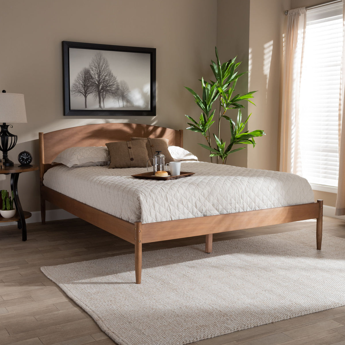 LeaNora Mid-Century Modern Ash Wanut Finished Queen Size Wood Platform Bed