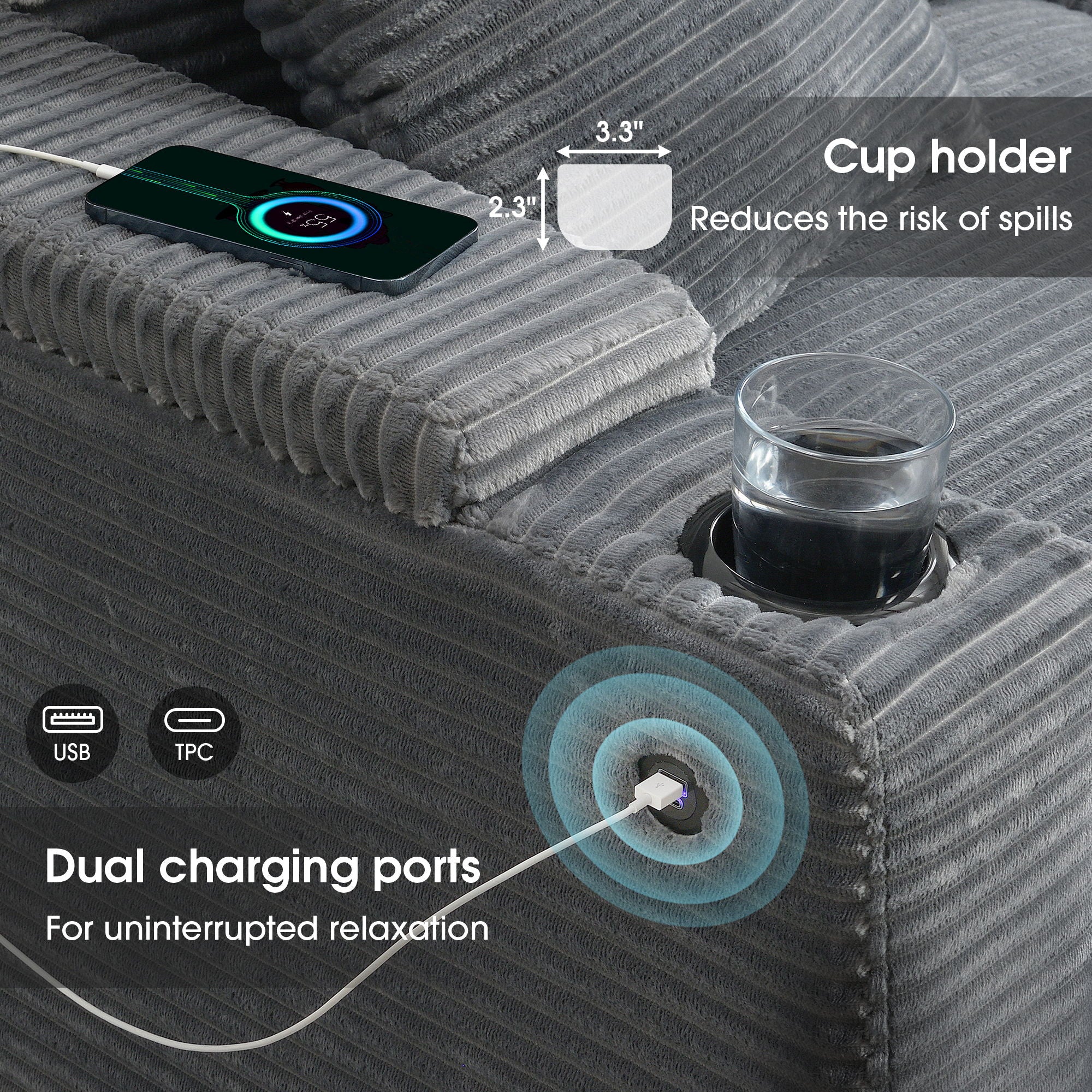 Convertible L Shaped Sectional Corner Couch With Armrest Storage Cup Holders USB Charger, Irregular Corner Oversized Comfy Modular Sofa