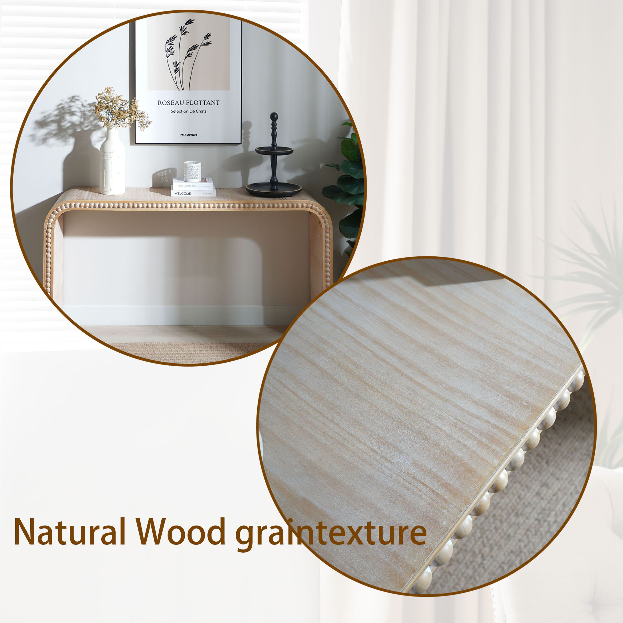 Console Table With Wood Beads Curved Waterfall Style Table - Antique Natural / Natural / Rustic / Natural / White