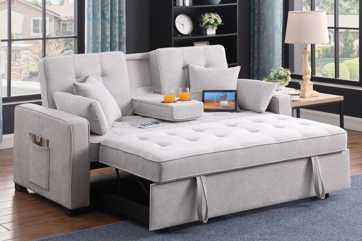 Cody II 70"W Light Gray Woven Fabric Convertible Sleeper Loveseat with Dropdown Console, Cup Holders, Charging Ports, Pocket, and Pocket Coil Seating
