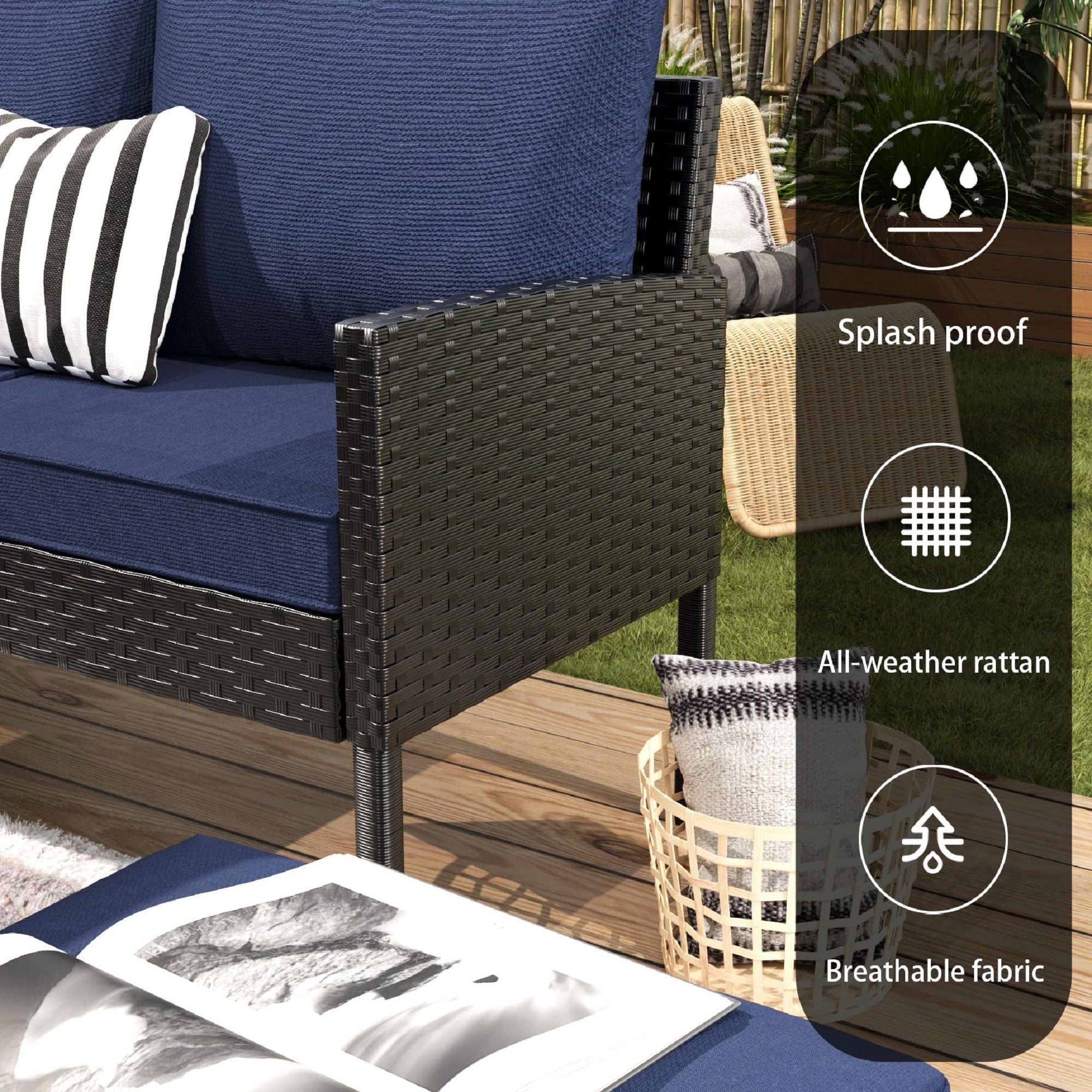 7 Piece Outdoor Furniture Set With Waterproof Cushions, Glass Table, And Space Saving Design - Blue