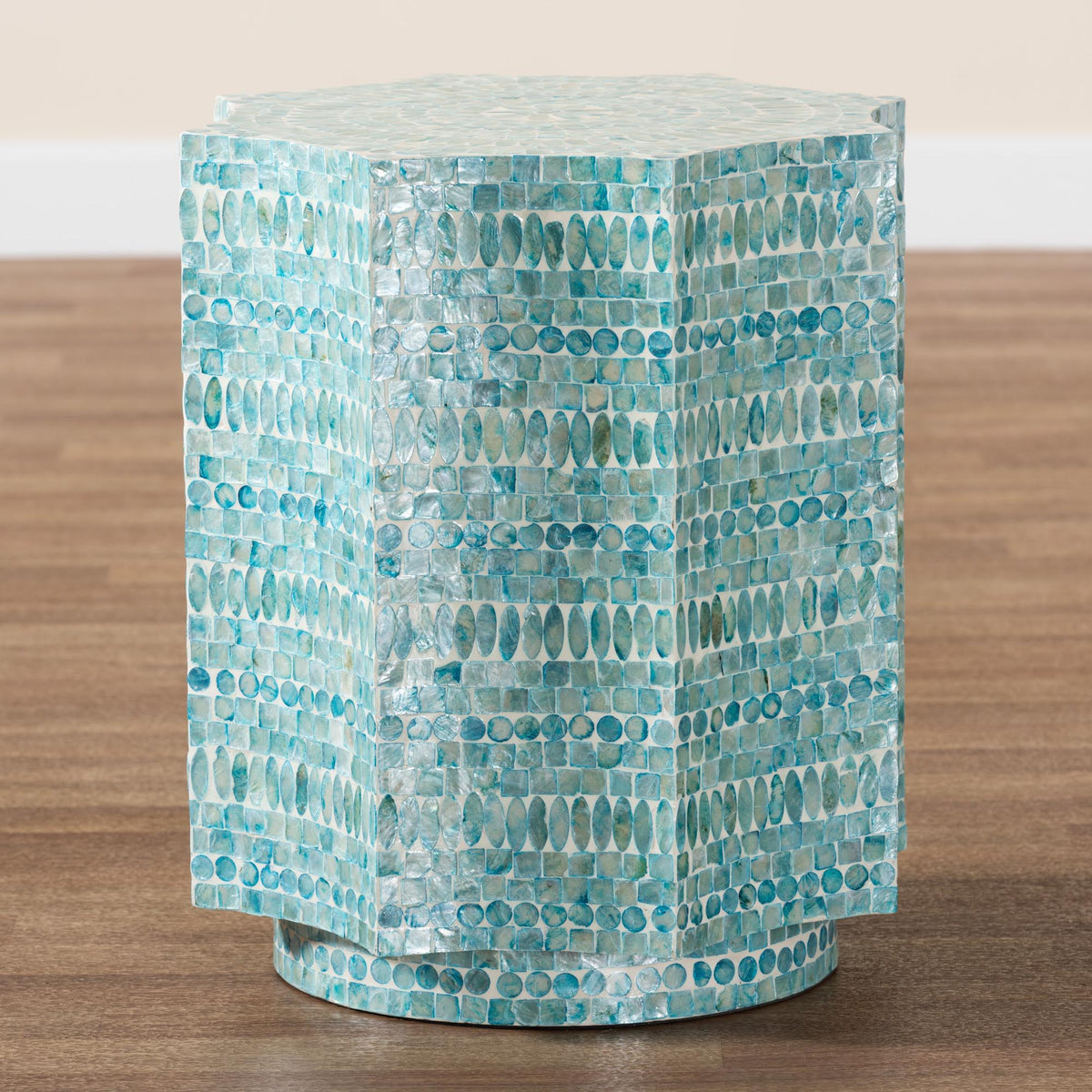 Olesia Modern Bohemian Blue Mother of Pearl End Table