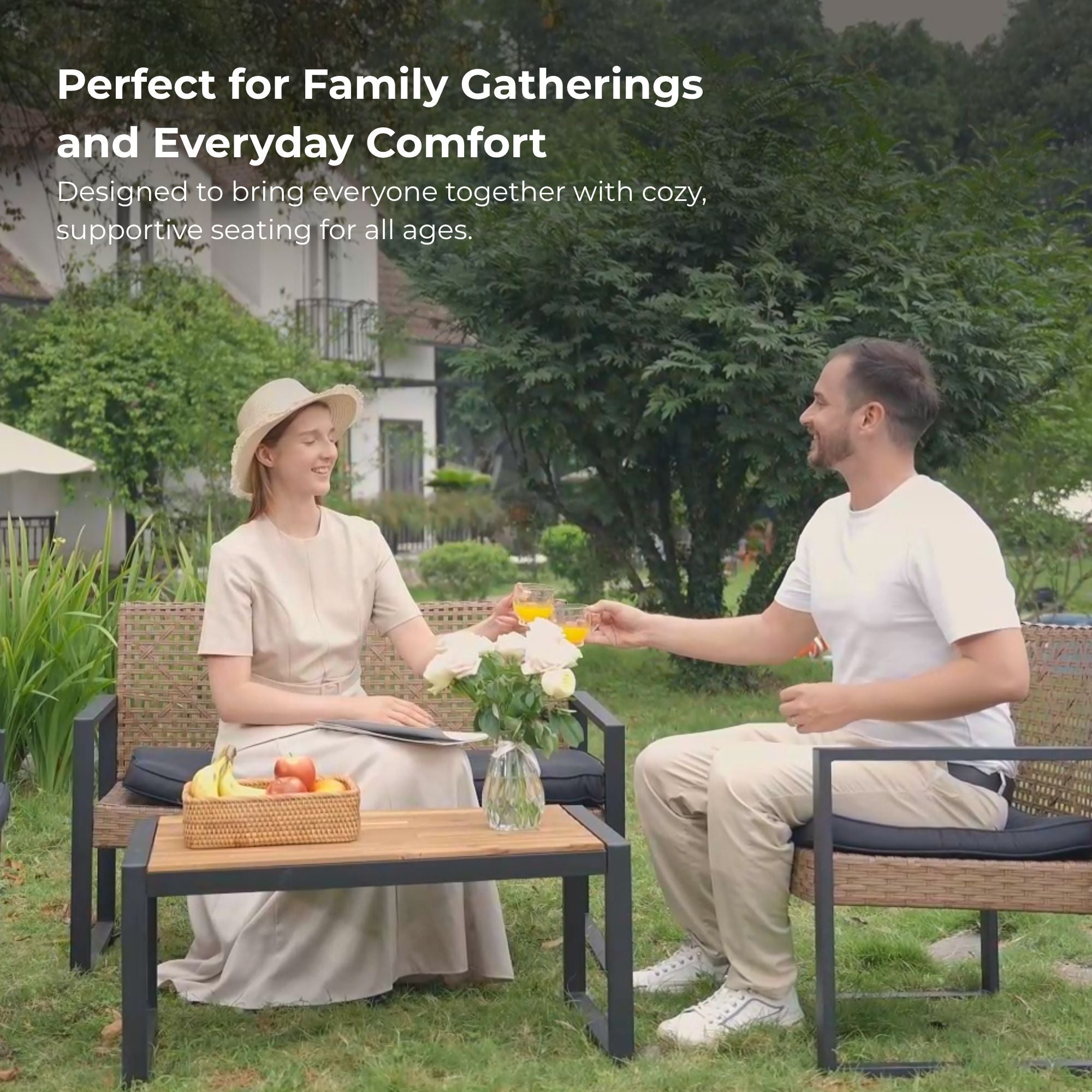 4 Piece Patio Furniture Set With Acacia Wood Table Top And Cushions