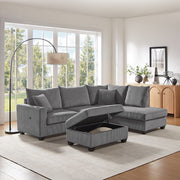 Rowan 107"W Dark Gray Corduroy Fabric Sectional Sofa with Right Facing Chaise, USB & USB-C Charging Port, Storage Ottoman, and Pillows