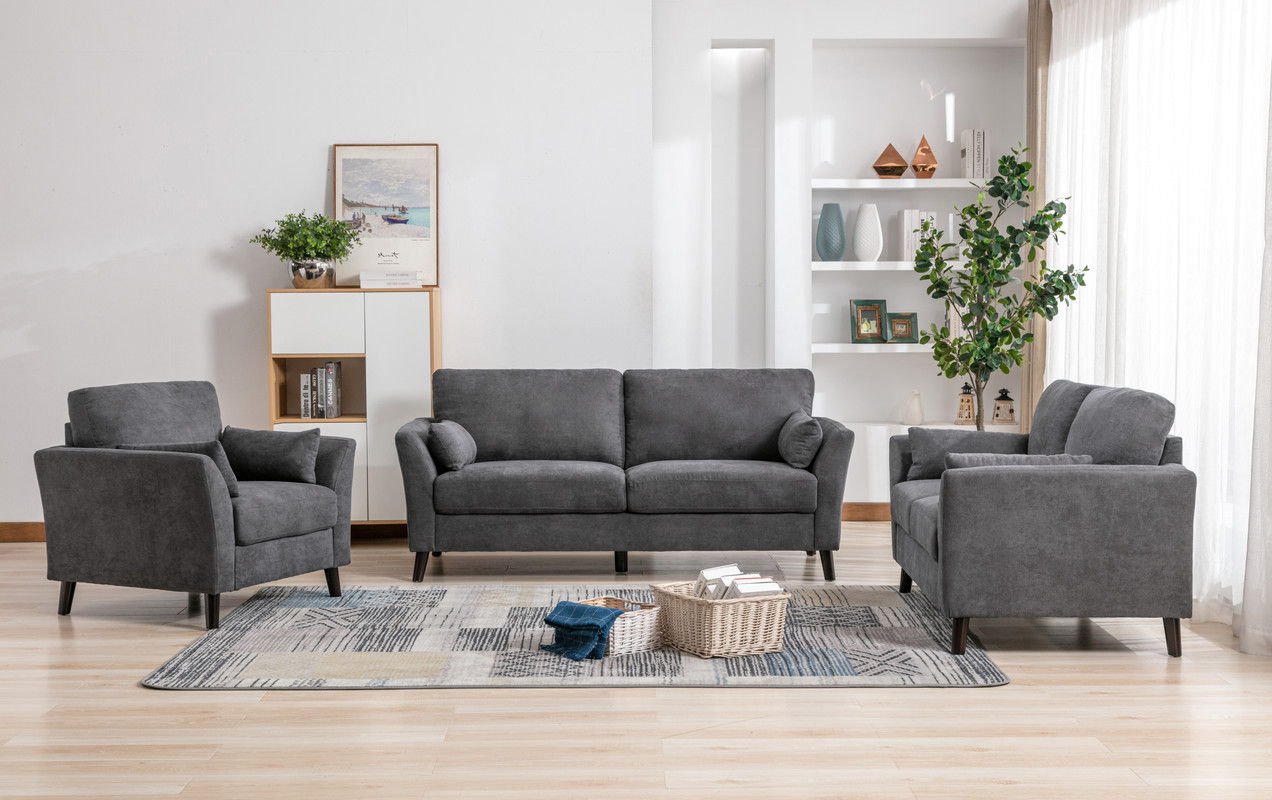 Damian Gray Woven Fabric Sofa Loveseat Chair Living Room Set