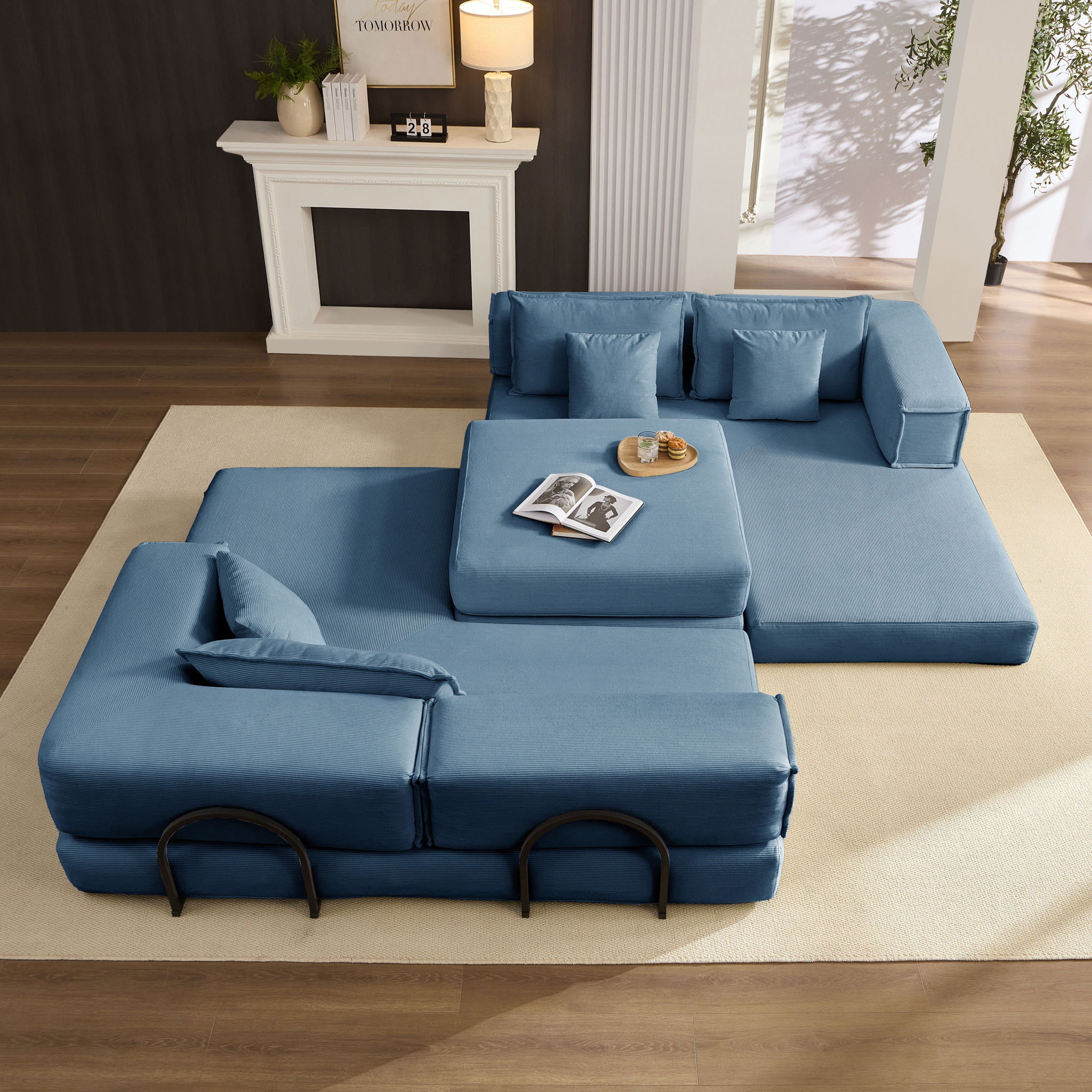 Modular L Shaped Floor Living Room Sofa Set With 6 Pillows