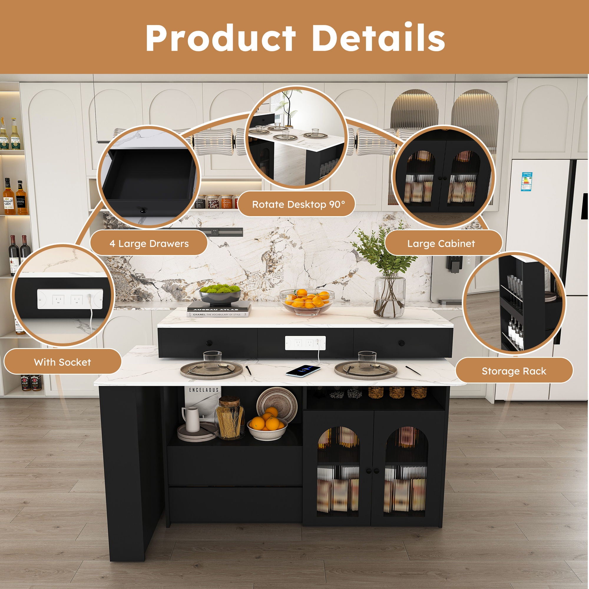 Kitchen Island With Extendable Rotating Table, 4 Drawers & Glass Door Cabinets, Built In Socket - Black