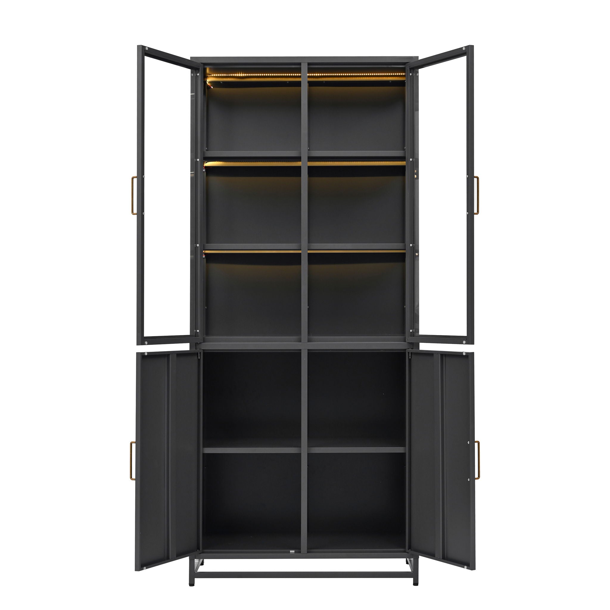 Modern Style Tall Steel Display Cabinet With Double Glass Doors, LED Lights