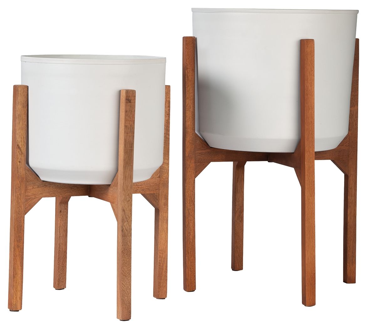 Ashley Furniture Dorcey - White / Brown - Planter Set (Set of 2) | Meri Furniture