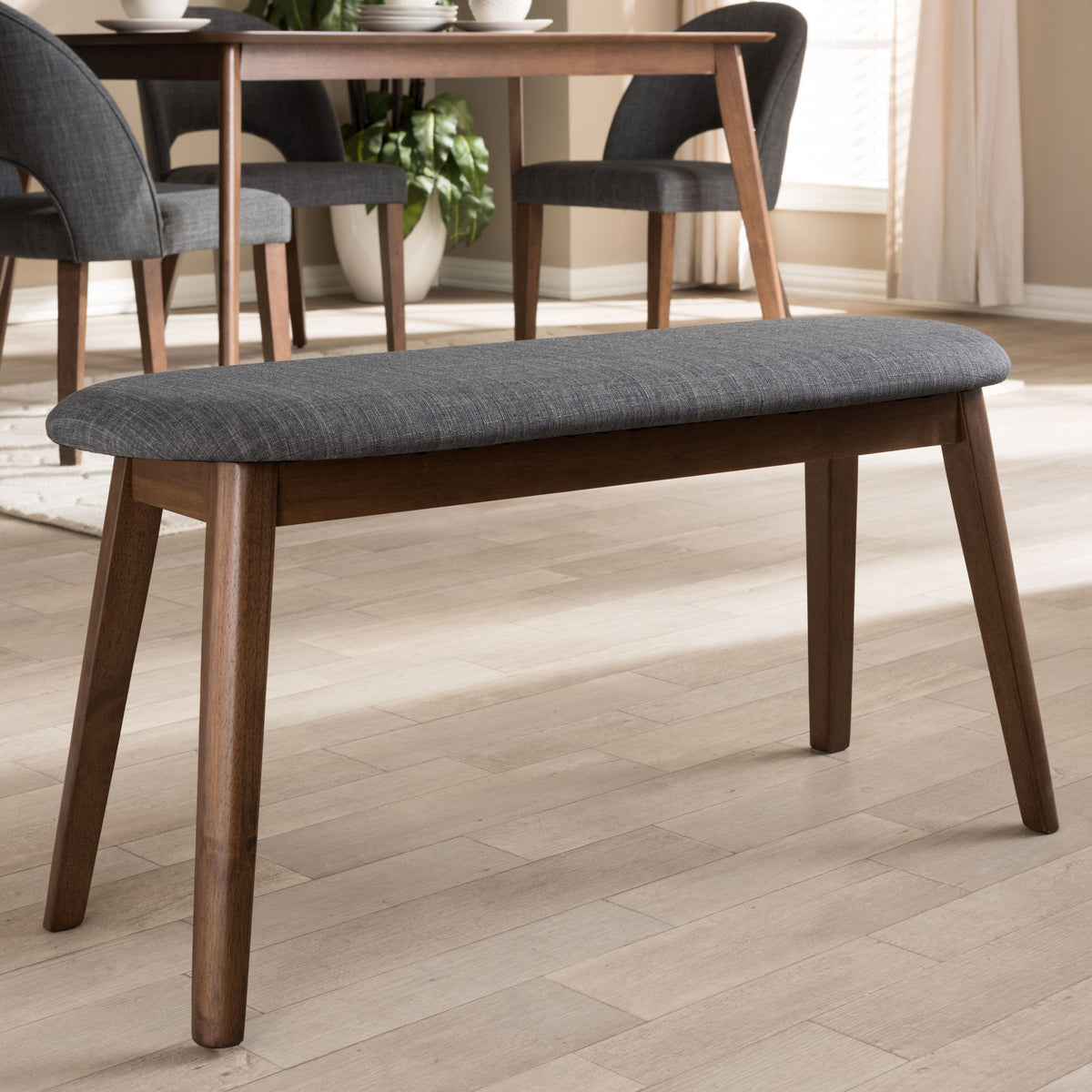 Easton Mid-Century Modern Dark Grey Fabric Upholstered Walnut Finished Wood Bench
